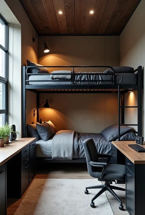 Make a plan of a room in which there is a black and gray bunk bed., Under the cabin there is a desk with a computer and a chair, a table and that in the room, There is a recording studio next door, that has a microphone, a plan, speakers 