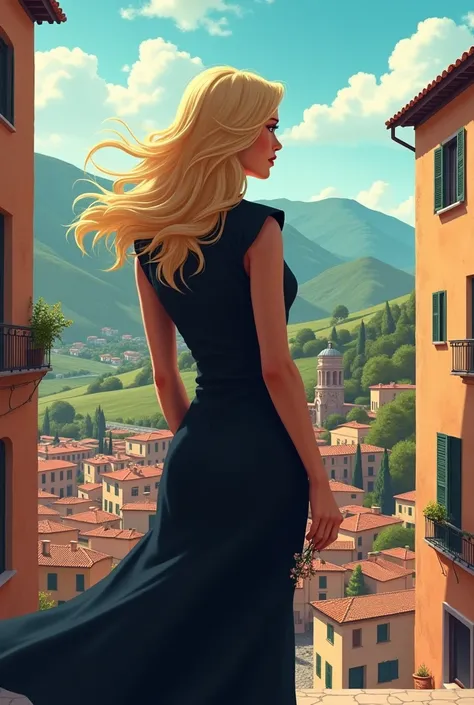 Book cover Blonde lawyer woman with her back to Italy with a flower