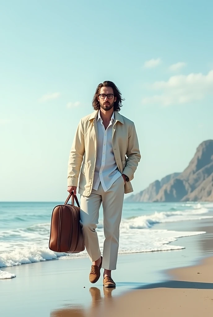 ((Very detailed)),A man walking along the beach with a travel bag,Angle from the front,Casual and stylish,Pale colored jacket,Glasses,Long Hair, ((masterpiece, Highest quality, Very detailedCG, unity 8k wallpaper )),(masterpiece, Highest quality, Highest q...