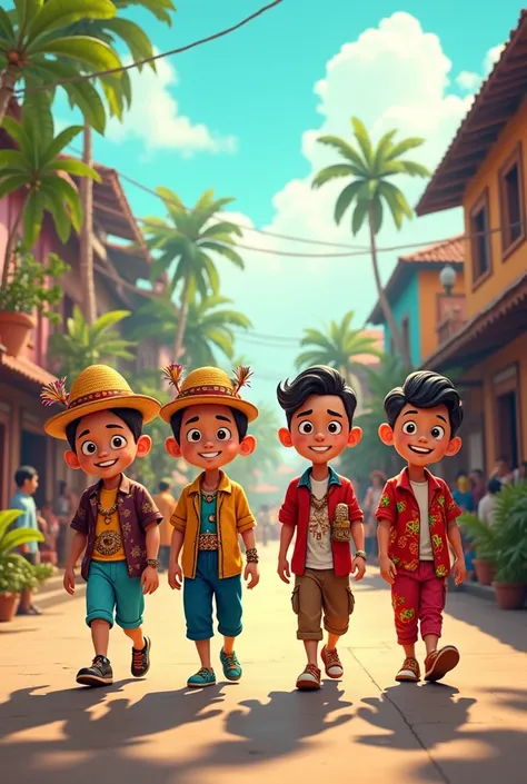 (best quality, cartoon style), (4 cartoon men are in a colorful costume parade, [take a walk), (Midday, on the streets of a small town in Indonesia)
