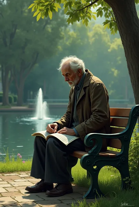 Sad old man peacefully sit in bench 