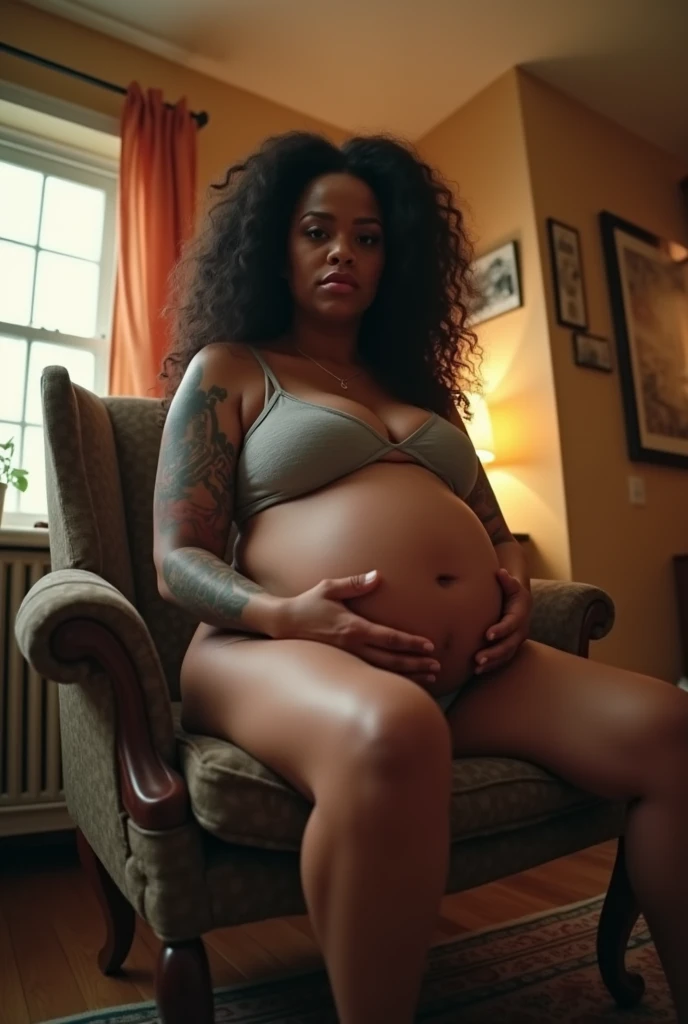 Your POV view from below when Cardi B&#39;s plus size stepmother becomes a giant who is very pregnant and sits on a chair at home with a giant posture and tall and a little tattooed. HD, cinematic, Photorealistic, fisheye camera view, iphone camera style, ...