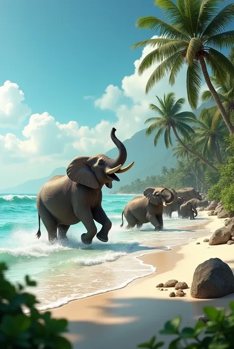 Island with a beach and waves best quality
And elephants jumping with happines
