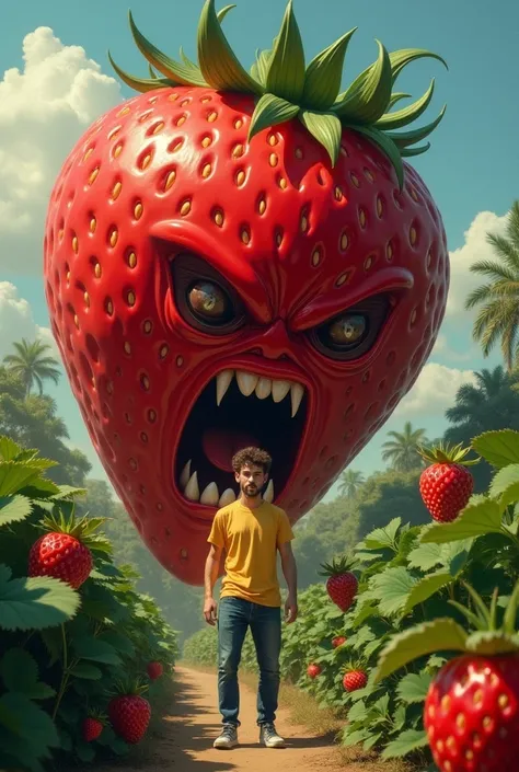 A big evil strawberry jumped and sat down on a young man clean shave with brown eyes in yellow tshirt in strawberry garden the boy is very scared ai image