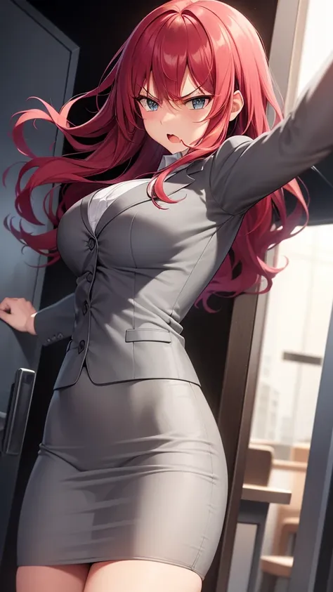 masterpiece, best quality, high detail, beautiful angry business woman punching wall, solo focus, long wavy hair, red hair, (gray blazer), (gray midi pencil skirt), long gray skirt, wide hips, office building, action pose, dynamic pose, 