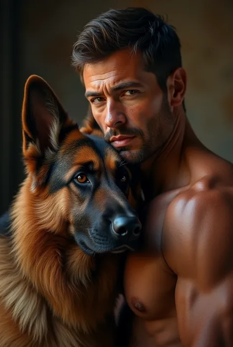 A man with a German shepherd dog, detailed portrait, studio lighting, professional photography, best quality, 8k, hyperrealistic, masterpiece, sharp focus, physically-based rendering, extreme detail description, vivid colors, natural lighting, warm color p...