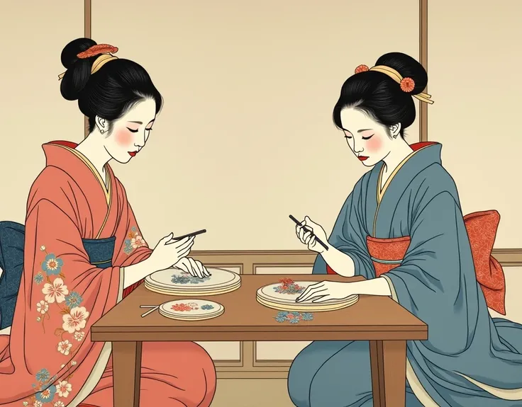 Colored pigments on silk painting Ukiyo-e style, of two women crafting embroidery sheet, minimalistic, Japanese Edo period
