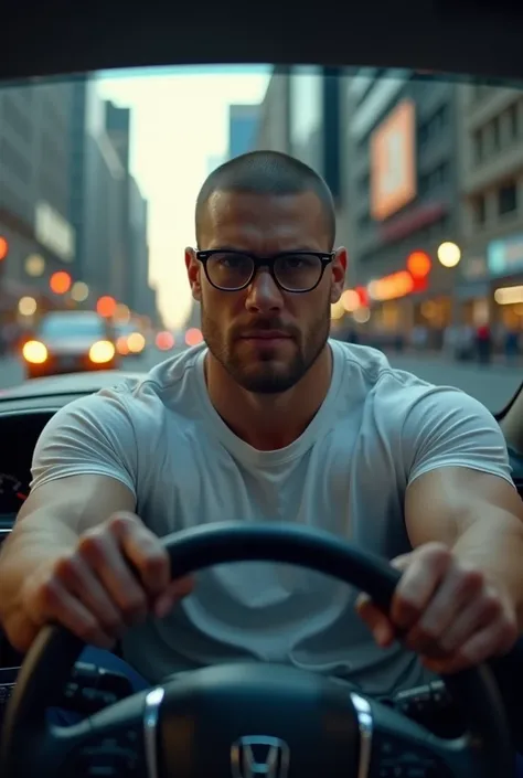 A strong guy with black glasses driving a Civic on Paulista Avenue


