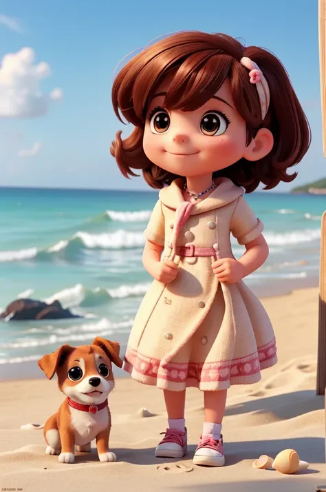 create a picture of a with her a small dog ,on the beach to collect seashells