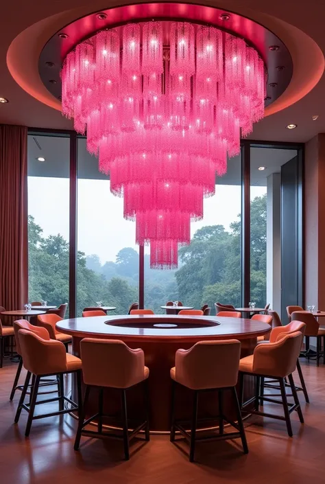 Circular Bar  table with chairs with large chandelier in pink color 