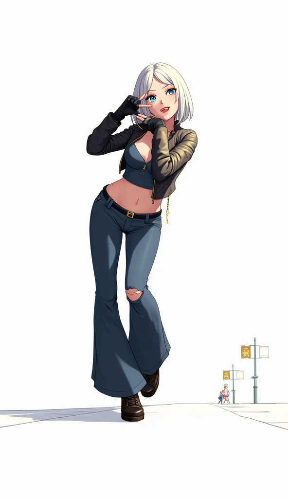 ((Angel from The King of Fighters)) Create a hyper-realistic anime-style illustration of Angel from The King of Fighters in an urban setting. Depict her with shoulder-length silver hair, striking blue eyes, and a playful expression. Dress her in a black le...