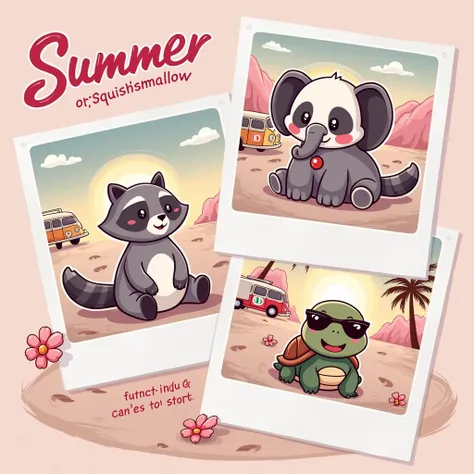 create a smart illustration, with good layout, and design features, ((glad)) with good contrast, with fine and delicate lines, cute fun, to the audience (The image shows three photos with images of ((3 squishmallows animals estilo cartoon: to the left, um ...