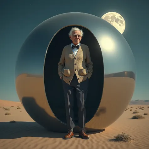 a kindly looking old man, cardigan sweater, bow tie, dark pants, brown shoes, stepping out of a smooth mirrored sphere resting on the desert floor on a moonlit night, photo realistic