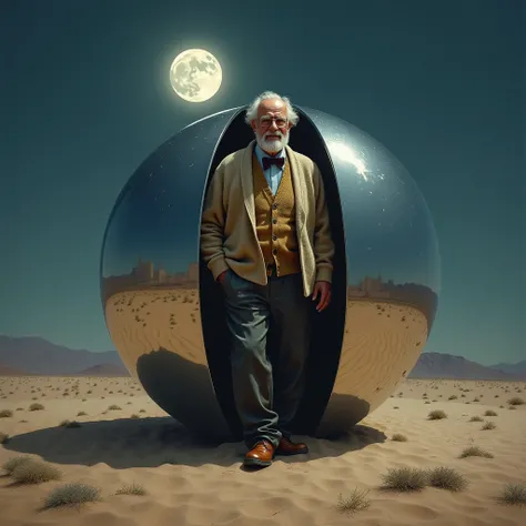 a kindly looking old man, cardigan sweater, bow tie, dark pants, brown shoes, stepping out of a smooth mirrored sphere resting on the desert floor on a moonlit night, photo realistic