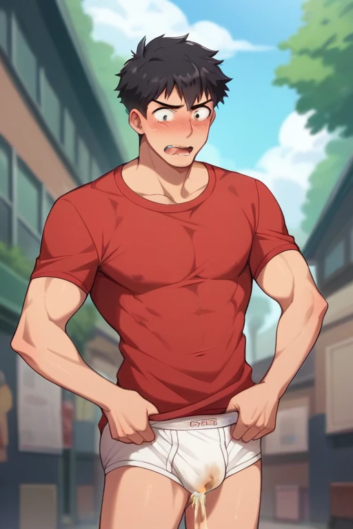 In the morning school, a slender and mascular young man in his tighty whities is peeing himself. Theres a pee wet spot on his briefs. His pee drops are is dripping down from his briefs, and make a pee puddle at his feet. Red T-shirt. He is ashamed of peein...