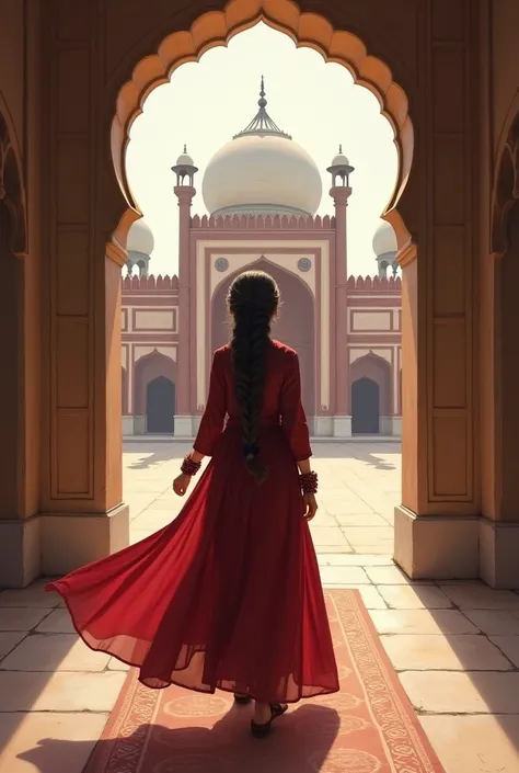 Generate me a painting picture of a girl from her back, who is walking into the praying area of Badshahi Mosque, wearing a beautiful dark red frock, her hair are braided and are the length of her back, she is wearing gajre of dark red roses in her wrists.