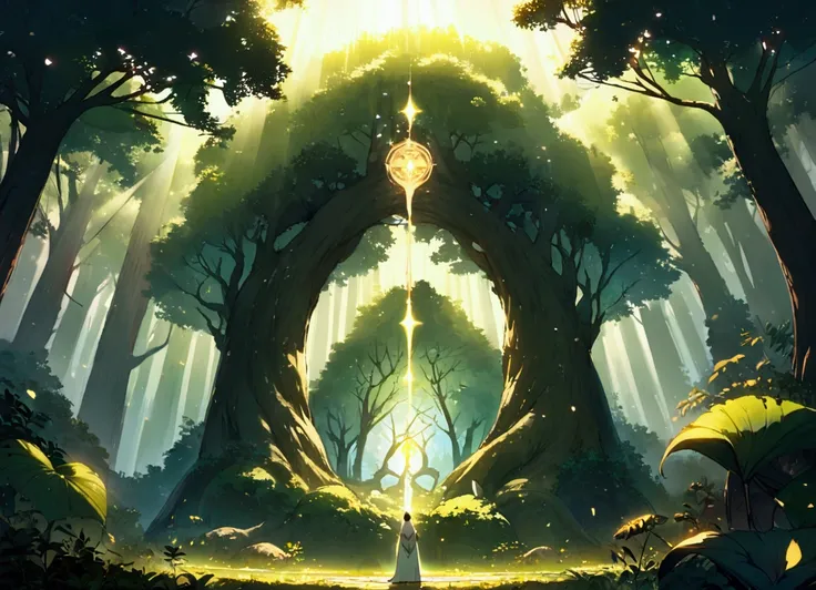 A mist-covered ancient forest at dawn, with sunlight filtering through the dense foliage. Amidst the trees stands a solitary figure, dressed in robes adorned with celestial symbols. Their gaze is fixed upwards, where a luminous portal hovers, radiating sof...