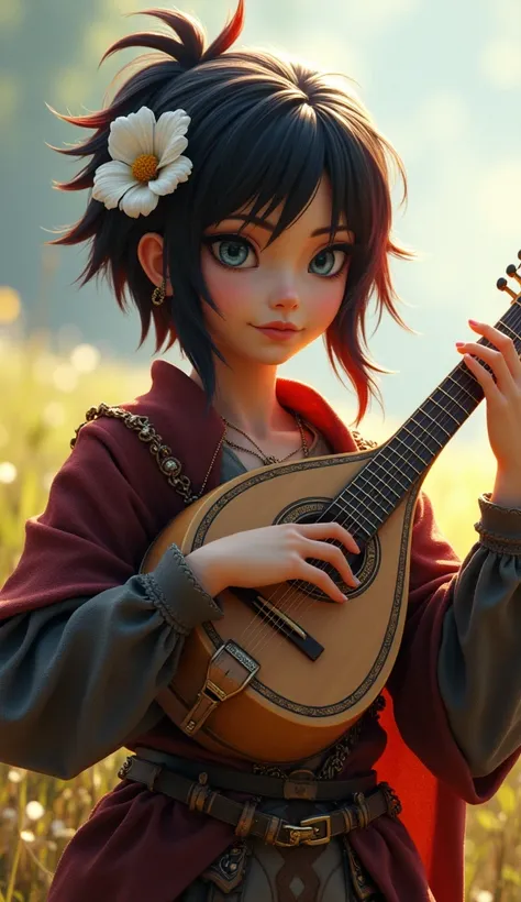 Kenku female from baldurs gate, best quality, ultra-detailed CG unity 8k wallpaper,   playing a lute, high resolution, dynamic pose, beautiful face, (medieval bardic attire,white flower, hair ornament, blue eyes), depth of field, sunny plains, magic light)...