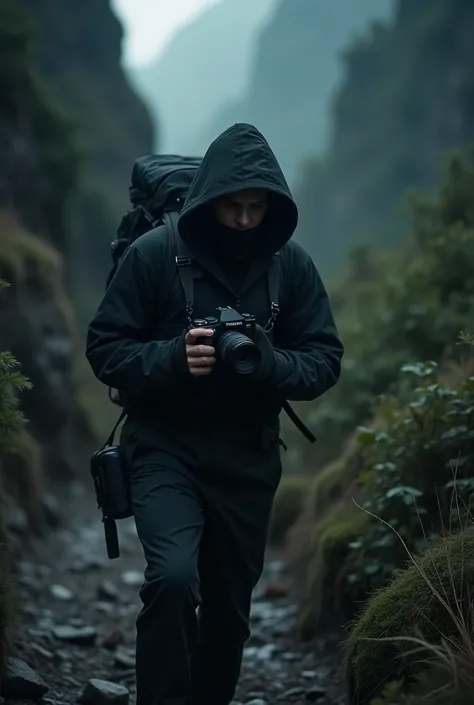 backpacker fotographer spy wearing black cloth with camera