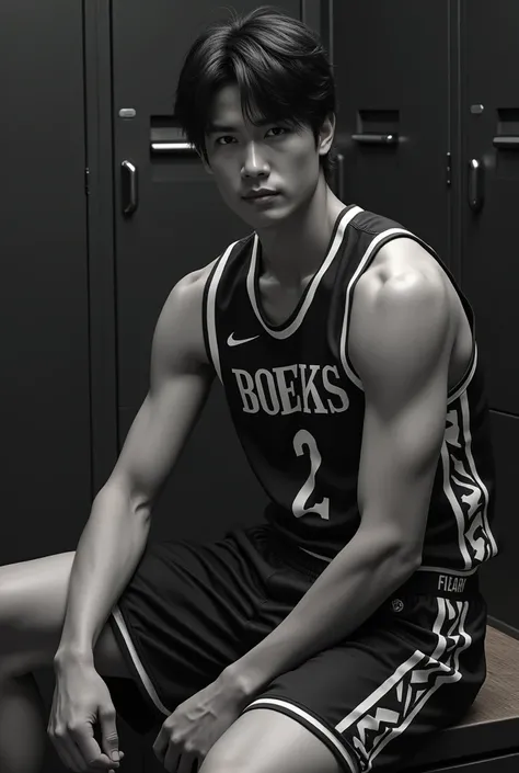 Handsome, Teen boy, in black and white basketball shorts and jersey, Asian, locker room, sitting down, hard dock, big bulge