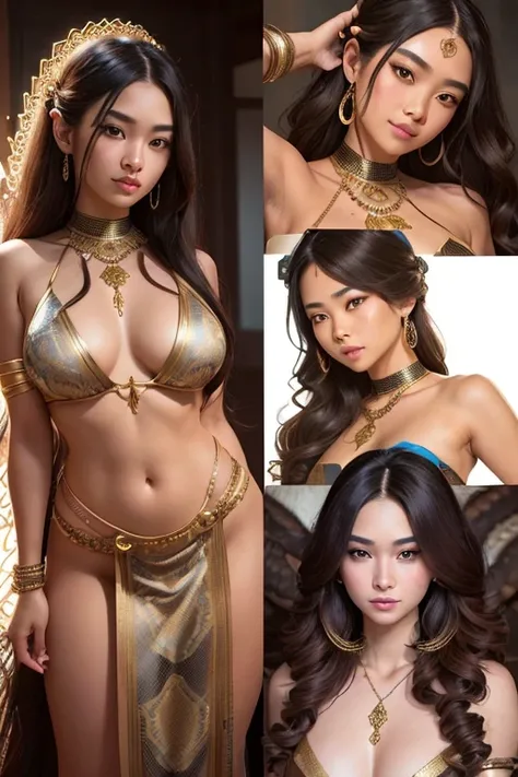 
A young 15- yr Medusas girl with Asian face features, charming face, perfect fullbody details, having large many snake pet, with a snake skin, body and hairs, (wavy hairstyles brown king cobra colors), ( having a dark skin tone texture masterpiece ), ( wi...