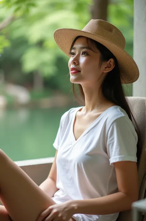 The photo shows a young Thai woman sitting on an outdoor chair with her legs propped up against a wall, wearing a white T-shirt and a hat, with trees and a body of water in the background.