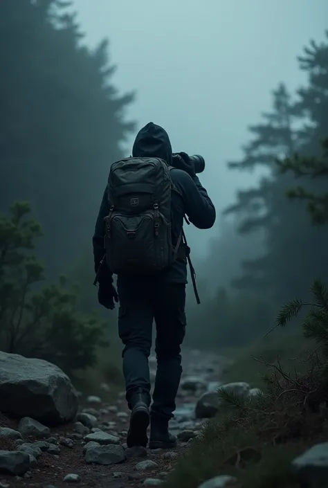 backpacker fotographer spy wearing black cloth with camera taking from behind