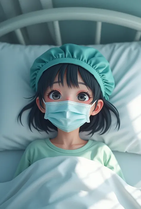 Photorealism of cute japanese girl wearing surgical mask, surgical cap and patient gown on bed, sneezing