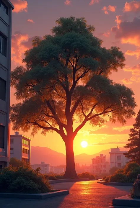 A picture of half of a school building with a sunset in the background. The sun casts warm shades of orange and yellow, coming from beneath clouds that seem to play with shadows in the sky. Next to the building is a large tree with broad leaves, adding con...