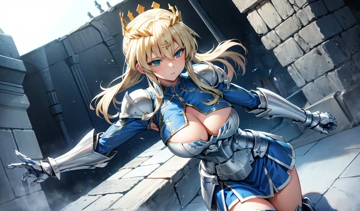 Blonde busty beauty，，cleavage，white knight armor，crown，blue sleeveless top，Silver gauntlets，Bare waist，Blue skirt，thigh，castle，dumpling head, 