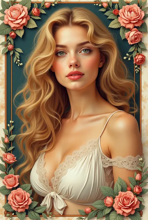 European womans face portrait, long curly hair, blonde, flower frame, decorative panel, abstract art, by Alphonse Mucha (masterpiece, highest quality, high resolution: 1.4), detailed, intricate details, 4K, color splash, line art, Fibonacci, in underwear