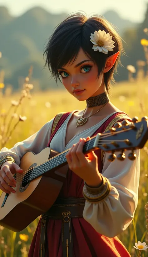 Yuan-ti female from baldurs gate, best quality, ultra-detailed CG unity 8k wallpaper,   playing a lute, high resolution, dynamic pose, beautiful face, (medieval bardic attire,white flower, hair ornament, blue eyes), depth of field, sunny plains, magic ligh...