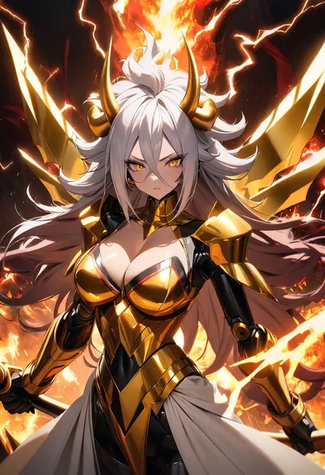 (((Golden Spear))), ((Lightning Power)), ((Electricity)), ((Fire Background)), (((android 21 Evil))), (((white Coat))), (((Darkness power))), (((Busty))), luxury bustier corset, ((silver hair)), (((Very slim waist))), propotional body, ((Gorgeous)), (((gol...