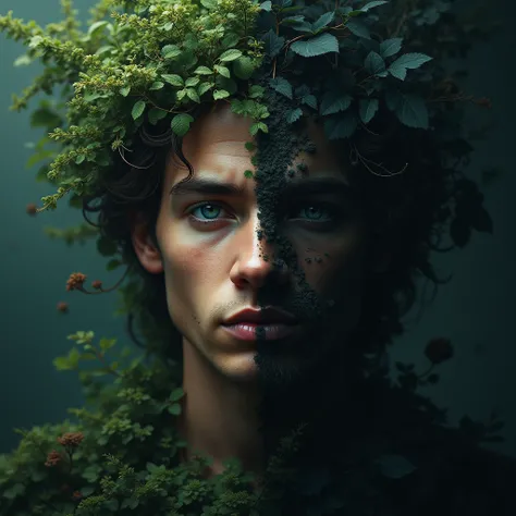 Create a split image with a male face in the center. The right side depicts a negative side of something and the left side a positive one.”, dark atmosphere, dark vibe, forest