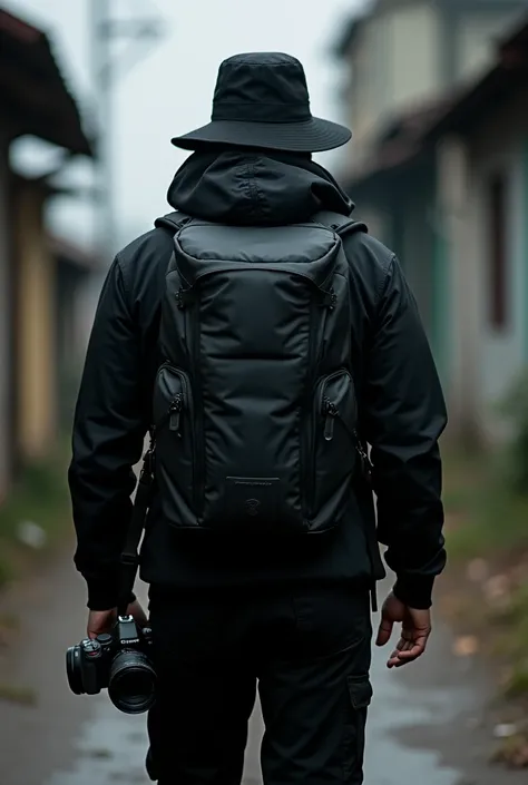 backpacker fotographer spy wearing black cloth with cap and camera taking from behind close-up 