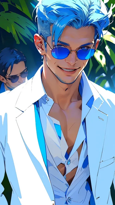 (((blue suit with white open shirt、smooth blue hair that reaches down to her back、eyes showing through sunglasses、handsome man s...