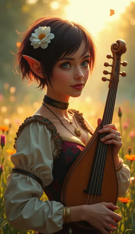 Dwarf female from baldurs gate, best quality, ultra-detailed CG unity 8k wallpaper,   playing a lute, high resolution, dynamic pose, beautiful face, (medieval bardic attire,white flower, hair ornament, blue eyes), depth of field, sunny plains, magic light)...