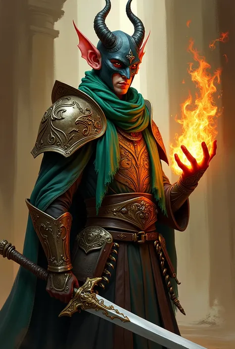 hyper-realistic Tiefling character with fire hands, fantasy character art, illustration, dnd, warm tone, a man in a costume with a sword and a mask on his head and a green scarf around his neck, Fabien Charuau, furry art, armor, a character portrait