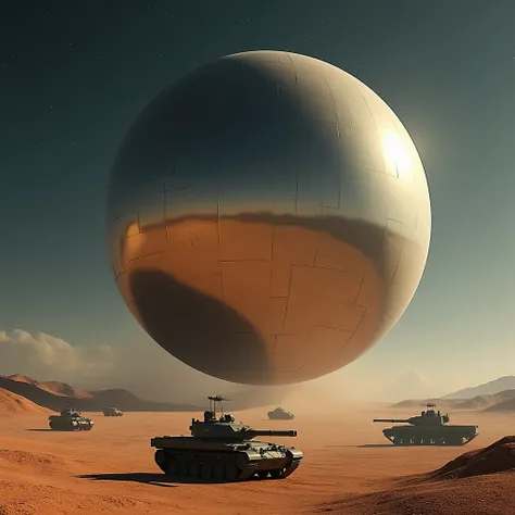 A massive smooth mirrored sphere, surrounded by military vehicles, hovers above the desert floor at night, photo realistic