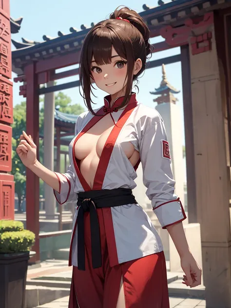 Teenage girl. Rookie martial artist. Kungfu. Red and white kungfu outfit. No bra. No underwear. Flat chest.  Brown hair. At the temple. Beautiful teenage face. Cute smile. 