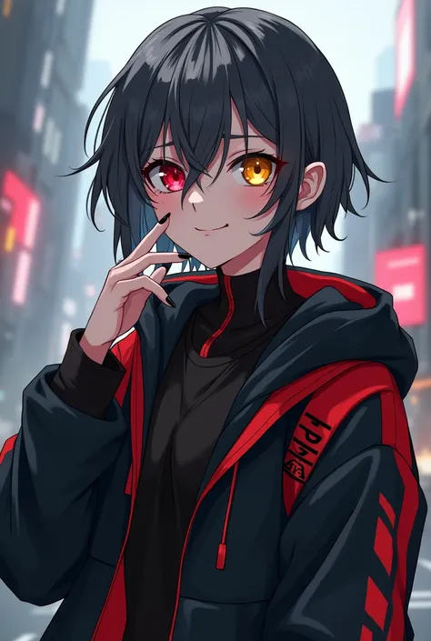 Kizi, adolescent, short dark gray hair with a light gray streak, red right eye and yellow left eye, black nails, black jacket with red details, cyber punk style, アニメ, 