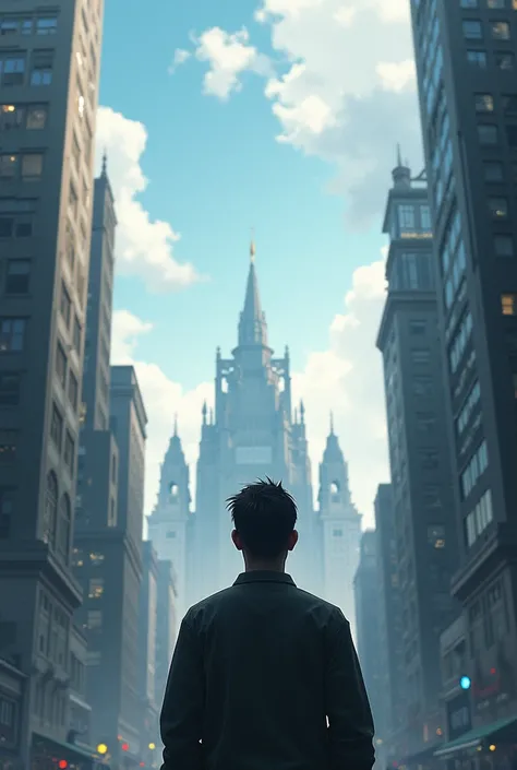 Image of a man looking at the sky with his back turned in a city with large buildings with the temple cloudy