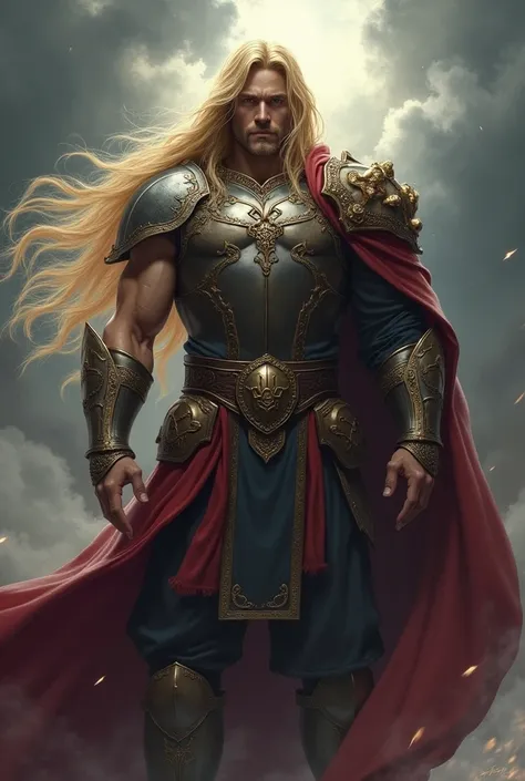 majestic man with long blond hair and armor