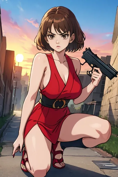 Highest quality、Ultra HD、One Woman、(Brown hair, straight and long 1.3)、(Red One Piece 1.3)、(White Heels 1.1)、(Knee-high socks 1.2)、((Shoot a gun 1.2))、(red ribbon 1.2)、(Beautiful face like a Japanese actress 1.2)、Adult women、Slender body、((Large Breasts))、...