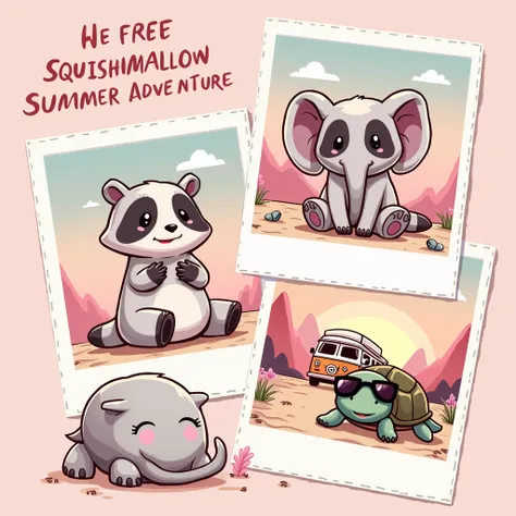 create a smart illustration, with good layout, and design features, ((glad)) with good contrast, with dashes ((fine and delicate)), cute fun, to the audience (The image shows three photos with images of ((3 squishmallows animals estilo cartoon: to the left...