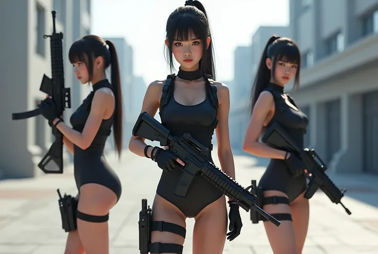 Japanese. Three lightly armed beautiful girl soldiers wearing compression shorts.