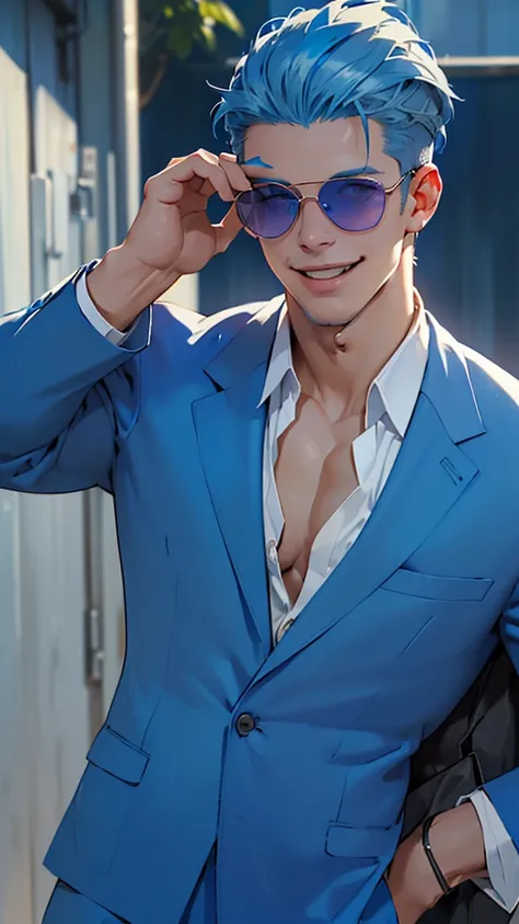 (((blue suit、white open shirt、smooth blue hair that reaches down to her back、eyes showing through sunglasses、handsome man smilin...