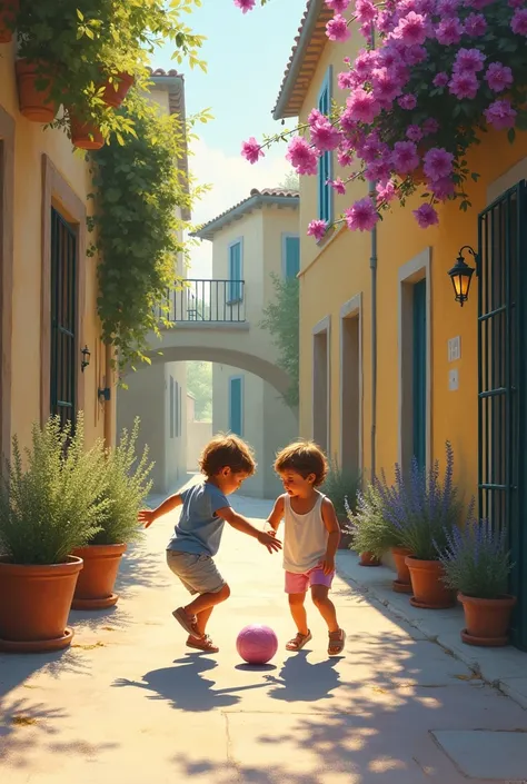 Two children play with a ball in a Provence alley. Bougainvilleas and lavenders planted in pots. Sunset behind. Style by David Hamilton.