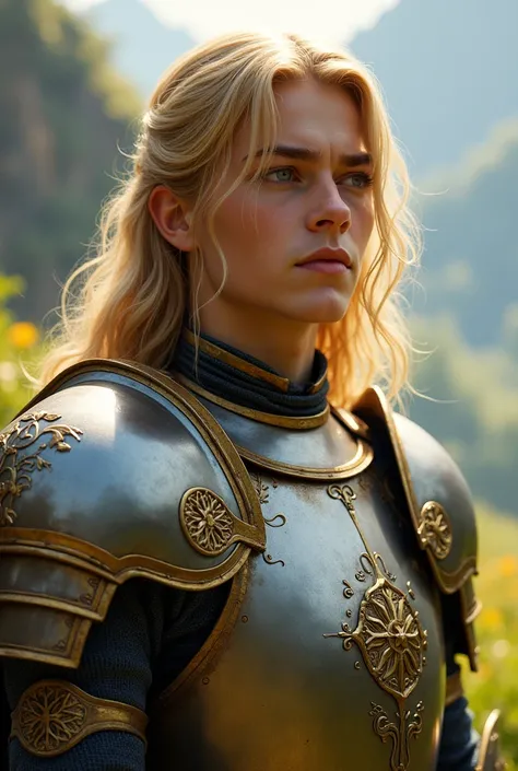 jeune homme au trait doux majestueux au cheveux blond et long avec une armure