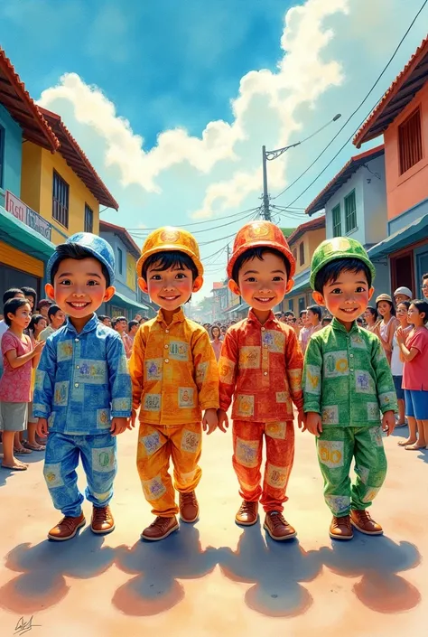 (best quality, watercolor painting style), (4 cartoon men are walking and are in a costume parade made of 100 thousand rupiah banknotes., walking parade, hundreds of people took part in the parade), (Midday, on the streets of a small town in Indonesia),
